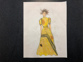 Una representación de la narradora del cuento con un vestido similar al papel de pared que ella tanto detesta muestra cómo se está convirtiendo en algo que no le gusta.