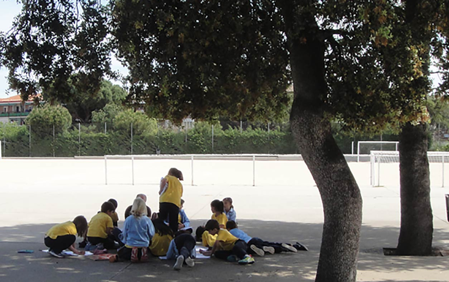 Alumnos en el patio de un colegio.